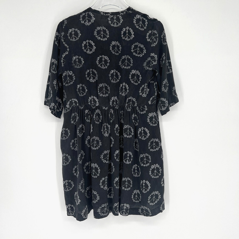 Sandro Dress Womens 2 Black Mini Boho Peace Flowers Silk Hippie Fairy Grunge - Picture 2 of 12